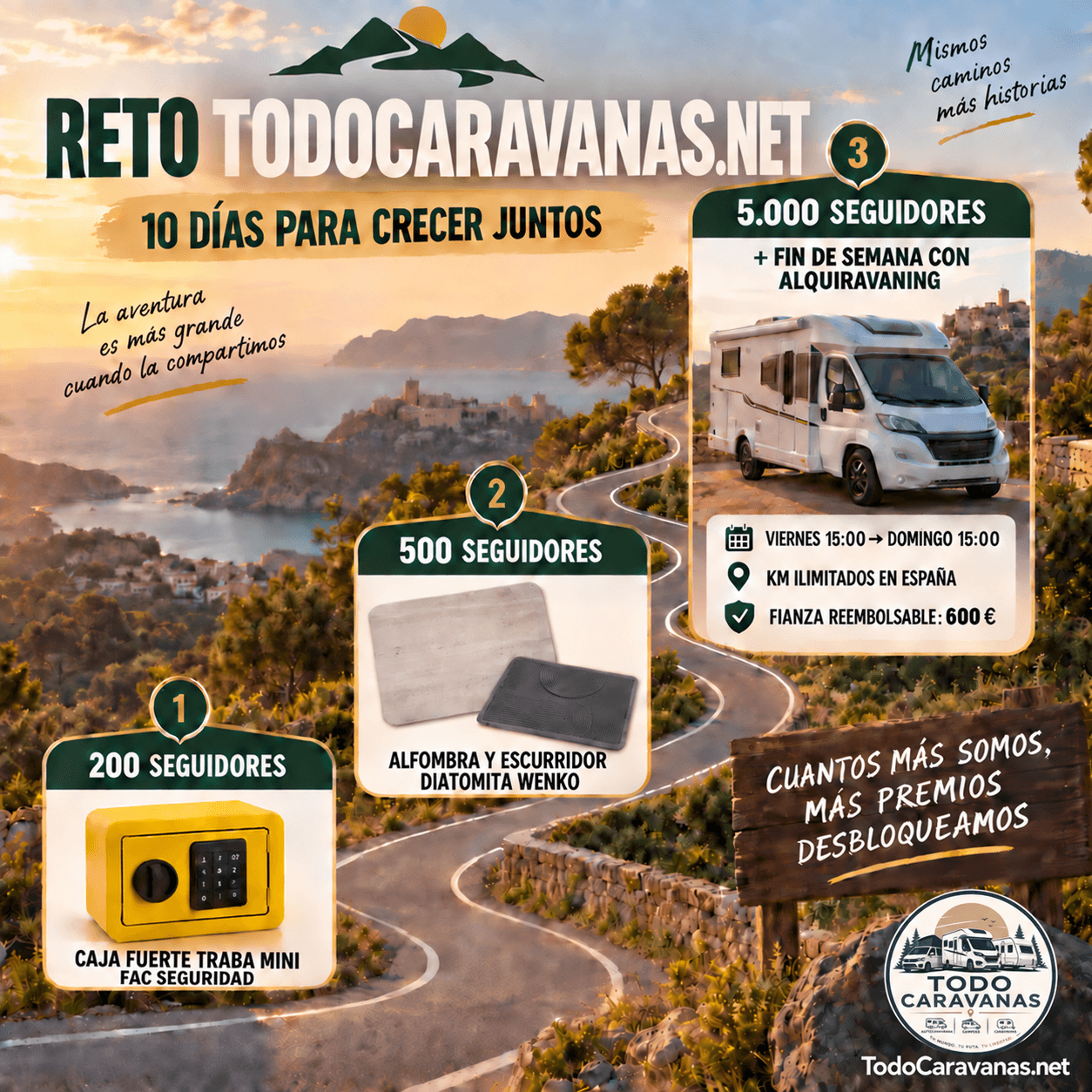 Cartel del reto de Instagram de TodoCaravanas.net con el emblema oficial de la cuenta y premios al alcanzar 200, 500 y 5.000 seguidores